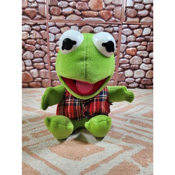 Vintage 1987 Baby Kermit The Frog Plush Stuffed Animal Red Flannel Plaid Vest #A - Picture 1 of 8